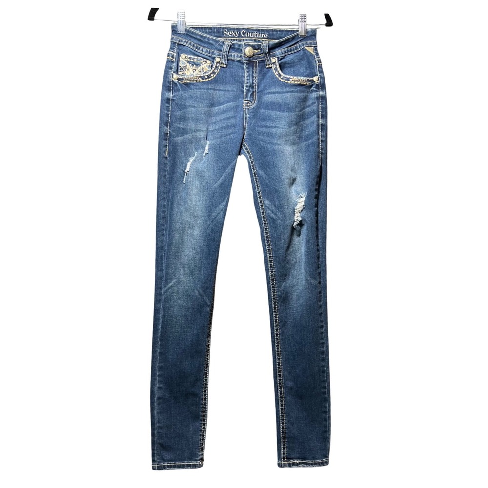 Sexy Couture Jeans Blue Distressed Embellished Skinny Jeans Size 7 Low Rise